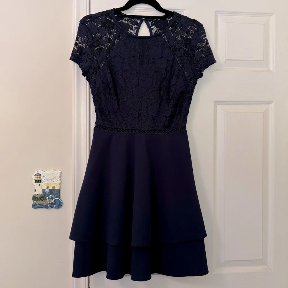 City Studio Juniors Short Sleeve Dress with Lace Top